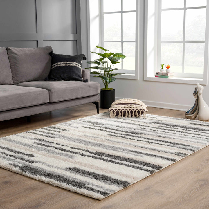 Modern Abstract Ivory, Beige, Gray and Black Plush pile Area Rug - The Rug Decor