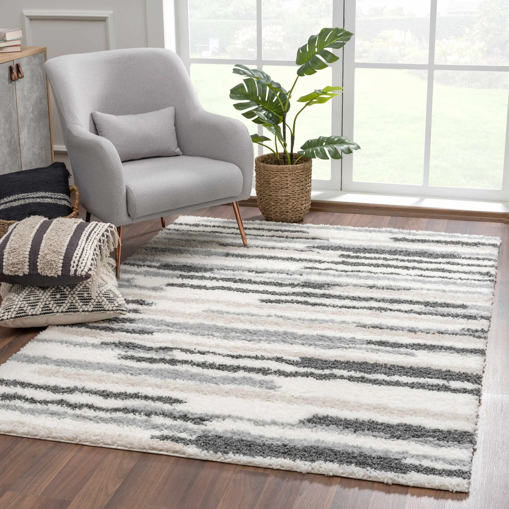 Modern Abstract Ivory, Beige, Gray and Black Plush pile Area Rug - The Rug Decor