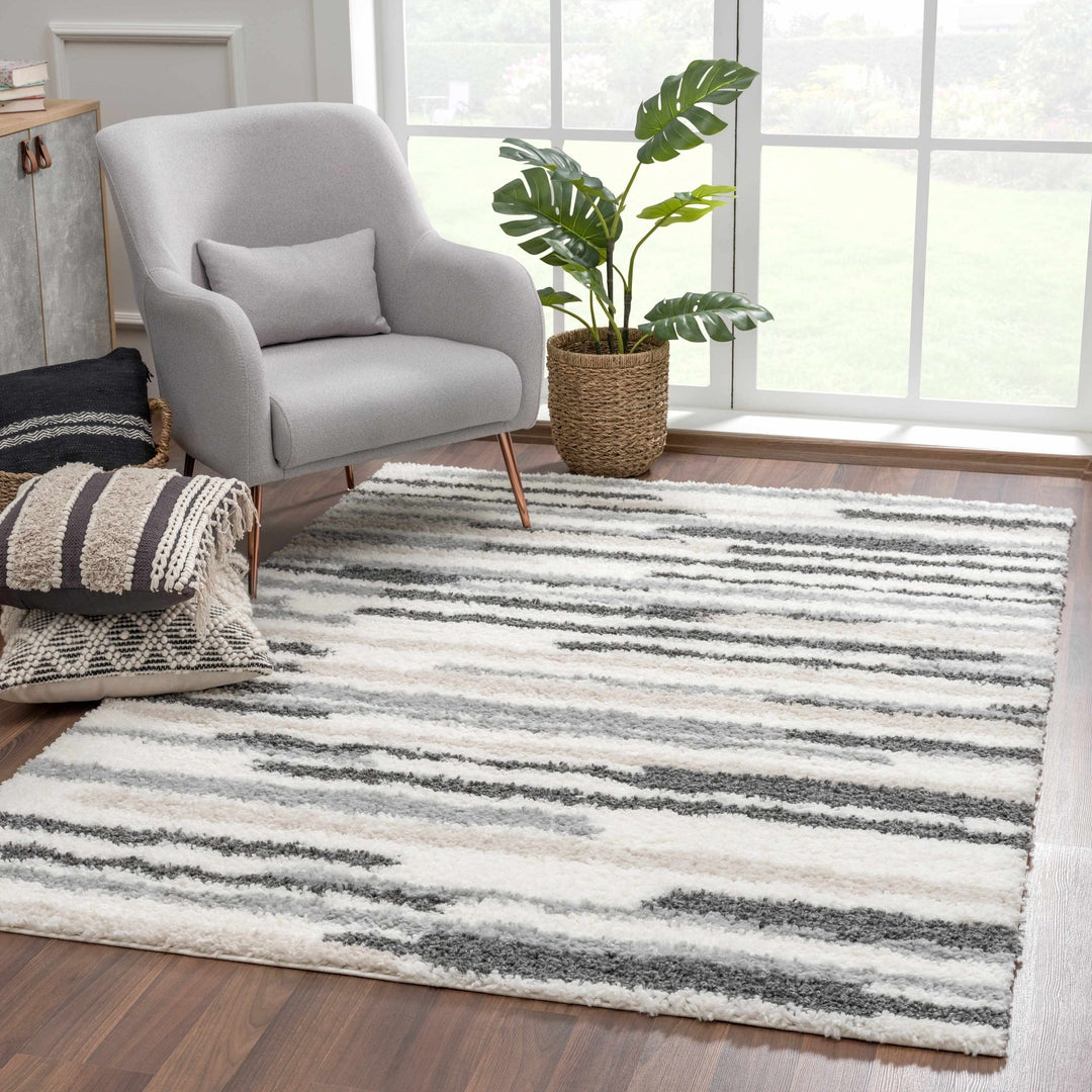 Modern Abstract Ivory, Beige, Gray and Black Plush pile Area Rug - The Rug Decor