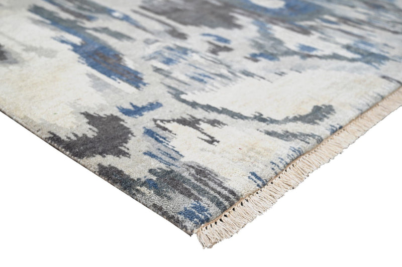 Modern Abstract Ivory, Silver, Charcoal and Blue Hand Knotted 8x10 Wool Area Rug - The Rug Decor