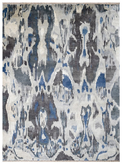 Modern Abstract Ivory, Silver, Charcoal and Blue Hand Knotted 8x10 Wool Area Rug - The Rug Decor