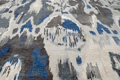 Modern Abstract Ivory, Silver, Charcoal and Blue Hand Knotted 8x10 Wool Area Rug - The Rug Decor