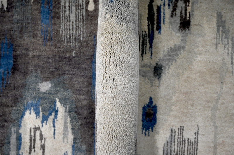 Modern Abstract Ivory, Silver, Charcoal and Blue Hand Knotted 8x10 Wool Area Rug - The Rug Decor