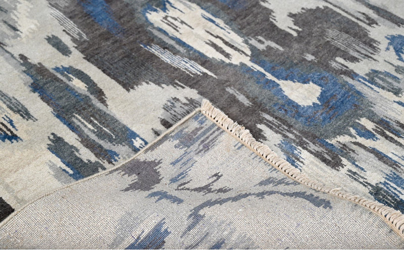 Modern Abstract Ivory, Silver, Charcoal and Blue Hand Knotted 8x10 Wool Area Rug - The Rug Decor