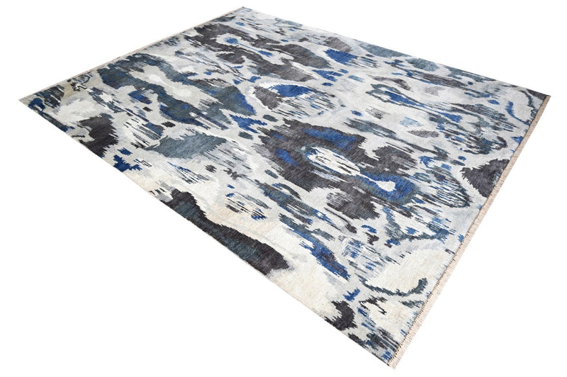 Modern Abstract Ivory, Silver, Charcoal and Blue Hand Knotted 8x10 Wool Area Rug - The Rug Decor