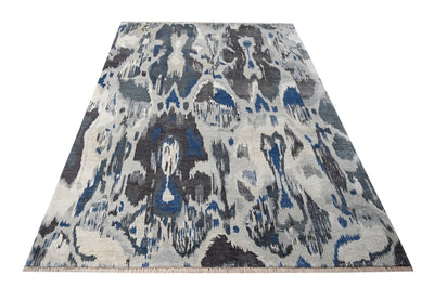 Modern Abstract Ivory, Silver, Charcoal and Blue Hand Knotted 8x10 Wool Area Rug - The Rug Decor