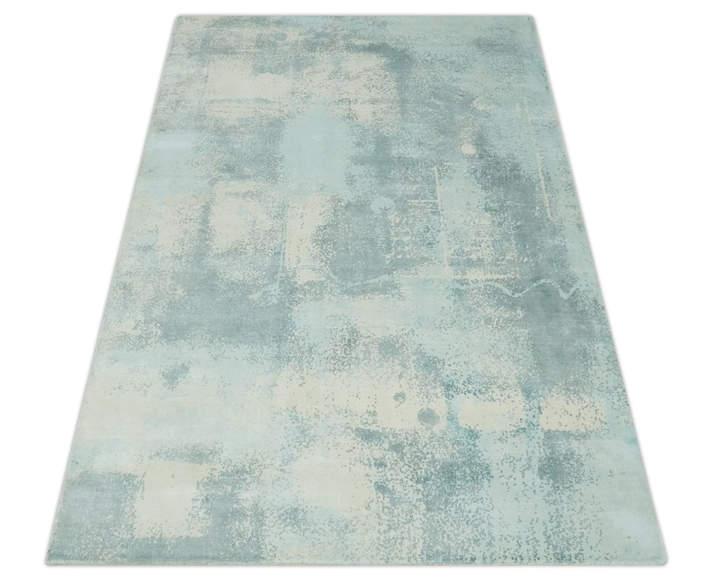 Modern Abstract Light Blue, Beige and Gray Hand loom 5x8 wool and Viscose Area Rug - The Rug Decor