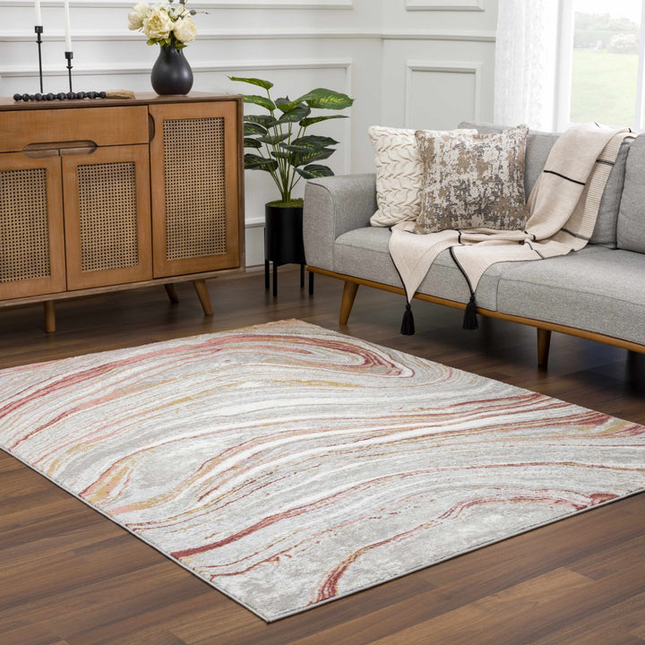 Modern Abstract Marble Design Gray, Ivory and Peach Area Rug - The Rug Decor