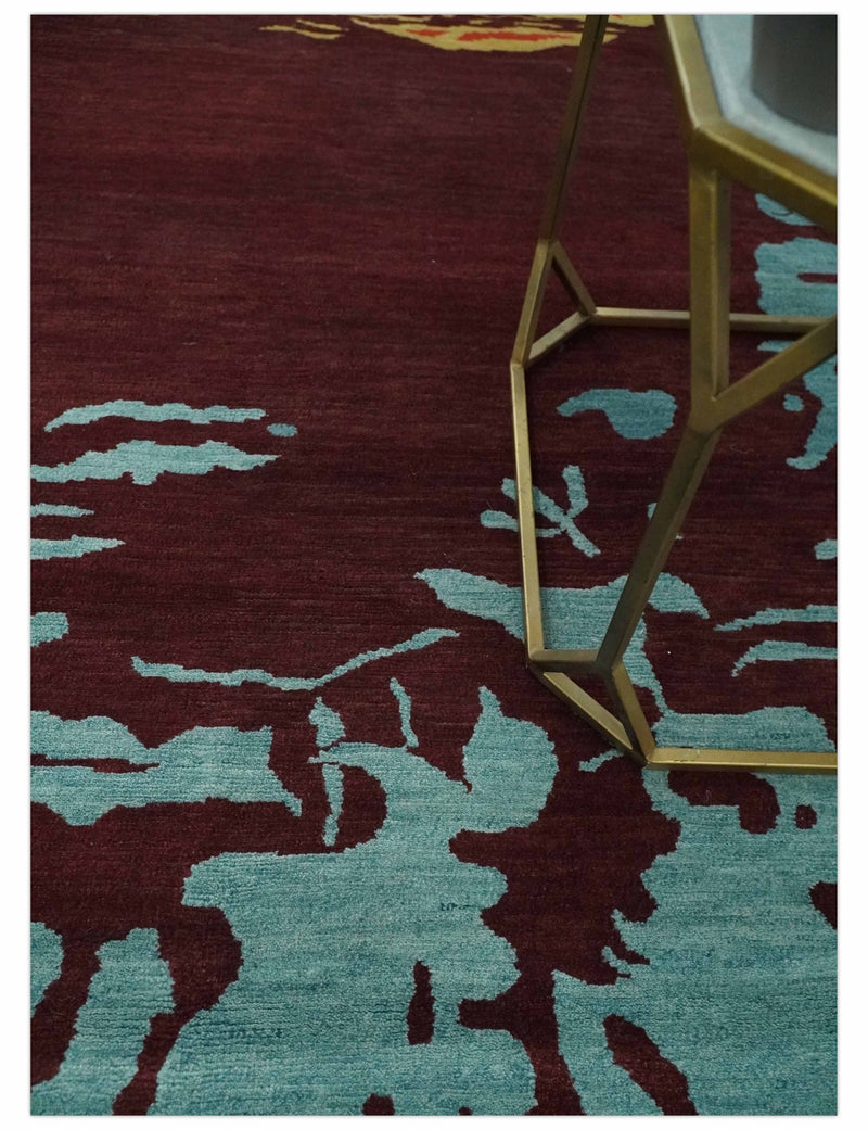 Modern Abstract Maroon, Gold and Aqua Hand loom 5x7 wool and Viscose Area Rug - The Rug Decor