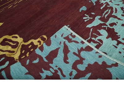 Modern Abstract Maroon, Gold and Aqua Hand loom 5x7 wool and Viscose Area Rug - The Rug Decor