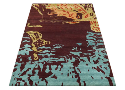 Modern Abstract Maroon, Gold and Aqua Hand loom 5x7 wool and Viscose Area Rug - The Rug Decor