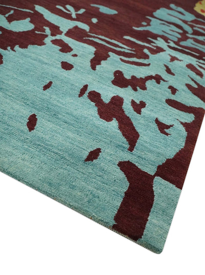 Modern Abstract Maroon, Gold and Aqua Hand loom 5x7 wool and Viscose Area Rug - The Rug Decor