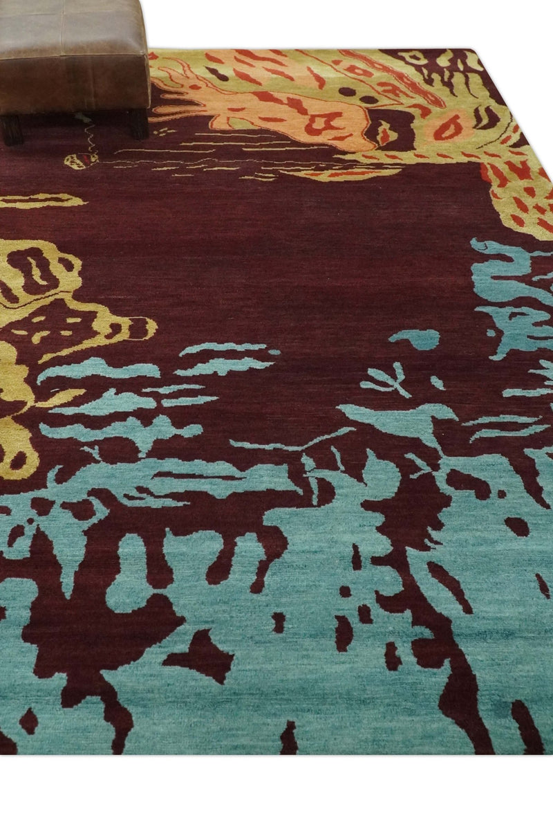 Modern Abstract Maroon, Gold and Aqua Hand loom 5x7 wool and Viscose Area Rug - The Rug Decor