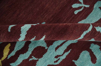 Modern Abstract Maroon, Gold and Aqua Hand loom 5x7 wool and Viscose Area Rug - The Rug Decor