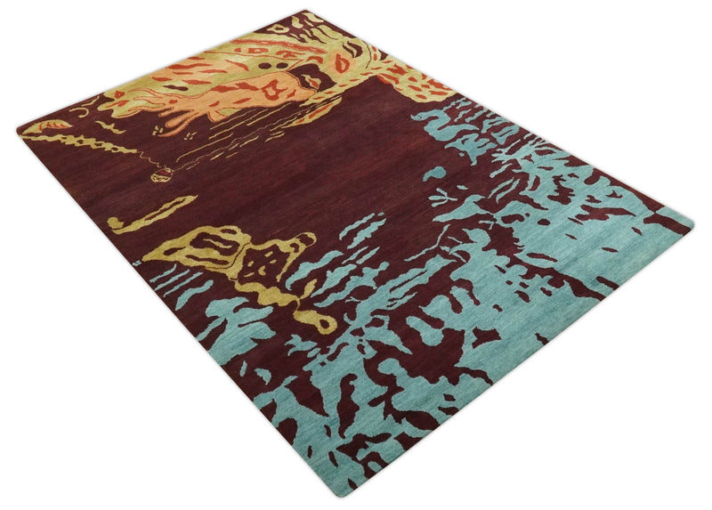 Modern Abstract Maroon, Gold and Aqua Hand loom 5x7 wool and Viscose Area Rug - The Rug Decor