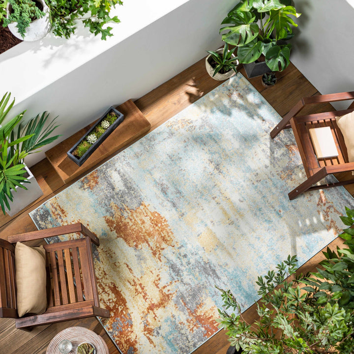 Modern Abstract Mecosta Blue And Rust Machine Woven Outdoor Area Rug - The Rug Decor