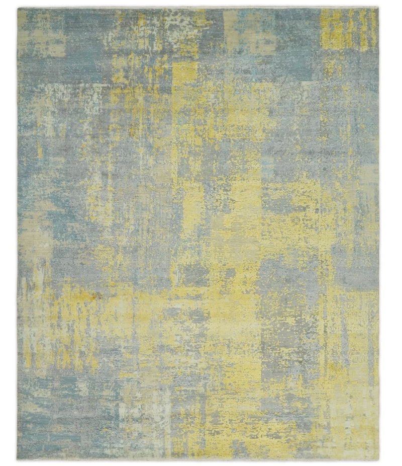 Modern Abstract Mustard, Gray, Teal and Ivory texture Hand Knotted 8x10 wool and Art Silk area rug - The Rug Decor