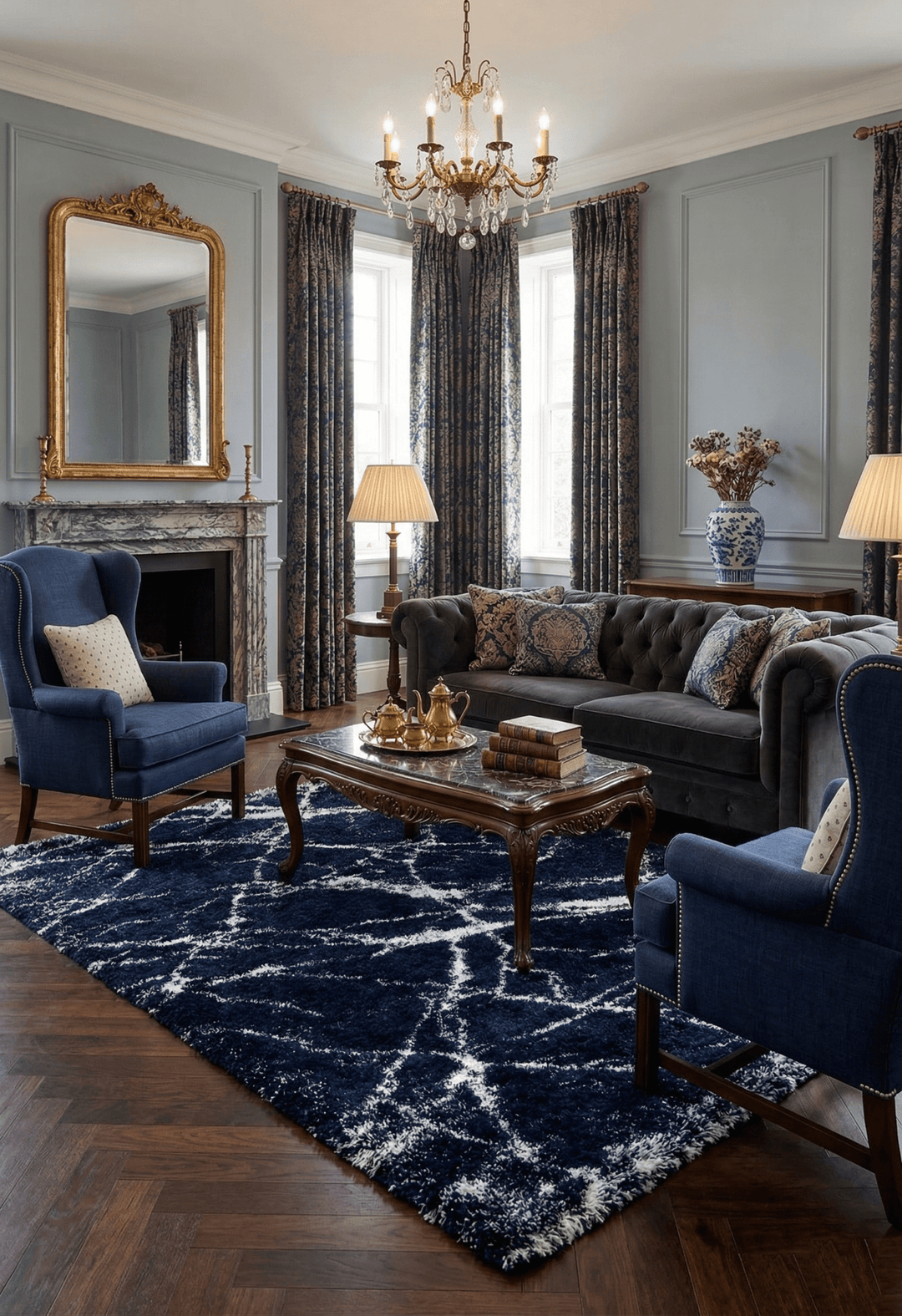 Modern Abstract Navy And Ivory 5x7 Viscose Rug - The Rug Decor