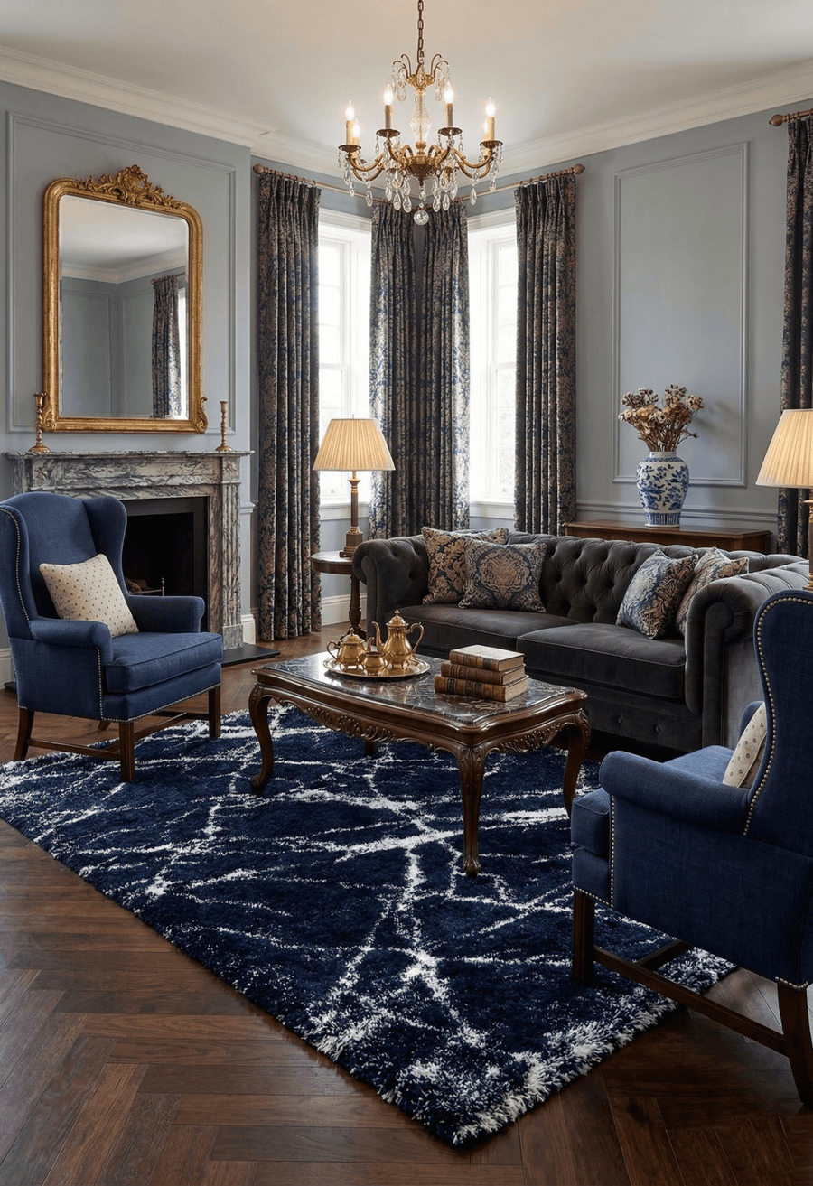 Modern Abstract Navy And Ivory 5x7 Viscose Rug - The Rug Decor