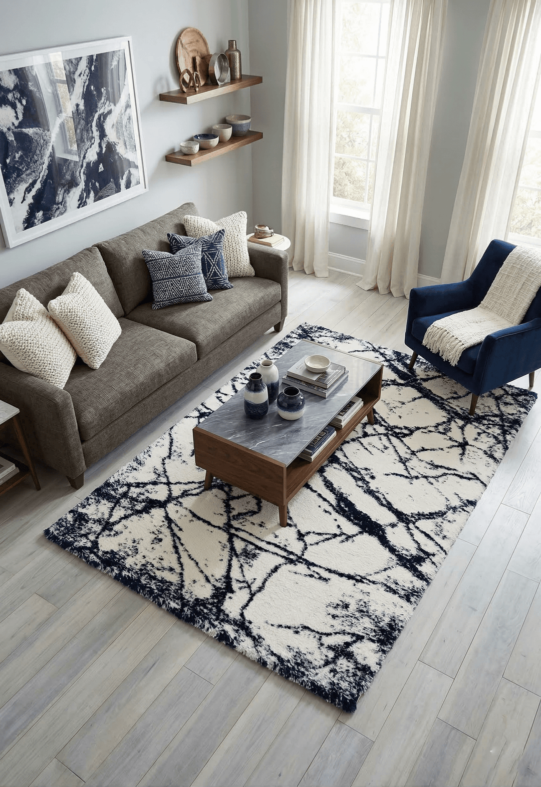 Modern Abstract Navy And Ivory 5x7 Viscose Rug - The Rug Decor