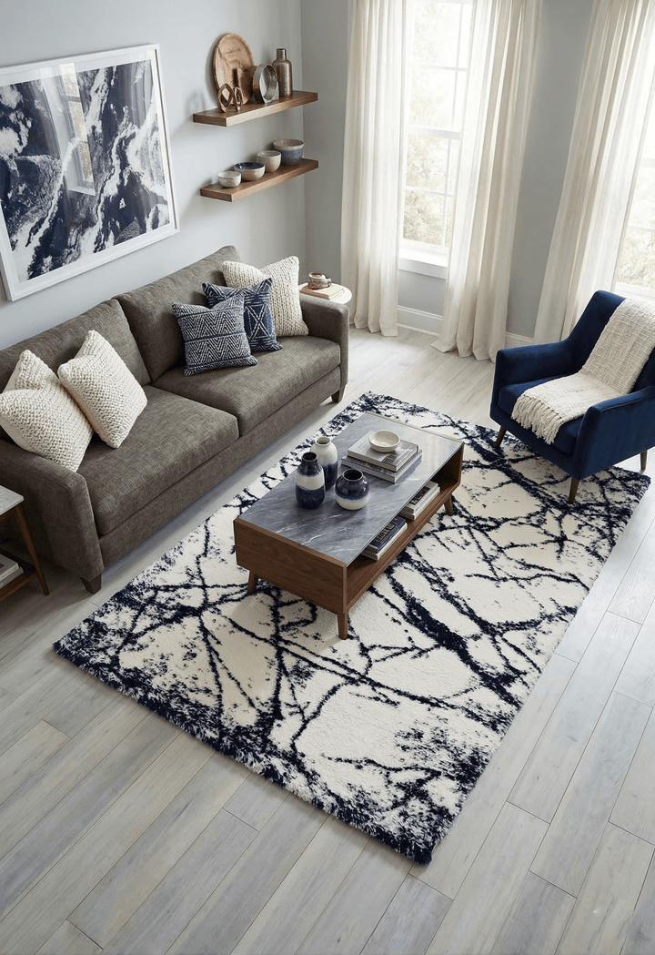 Modern Abstract Navy And Ivory 5x7 Viscose Rug - The Rug Decor