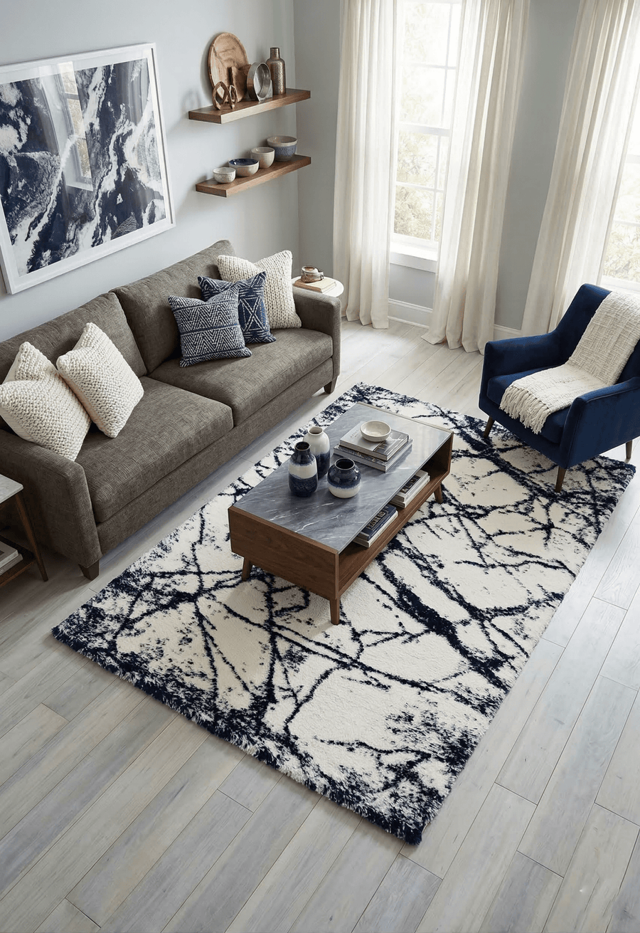 Modern Abstract Navy And Ivory 5x7 Viscose Rug - The Rug Decor
