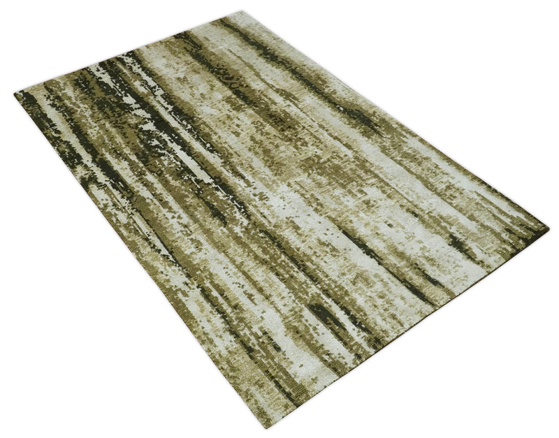 Modern Abstract Olive, ivory and Green Hand Knotted 5x8 wool and Art Silk Area Rug - The Rug Decor