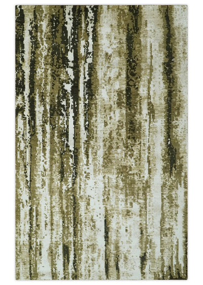 Modern Abstract Olive, ivory and Green Hand Knotted 5x8 wool and Art Silk Area Rug - The Rug Decor