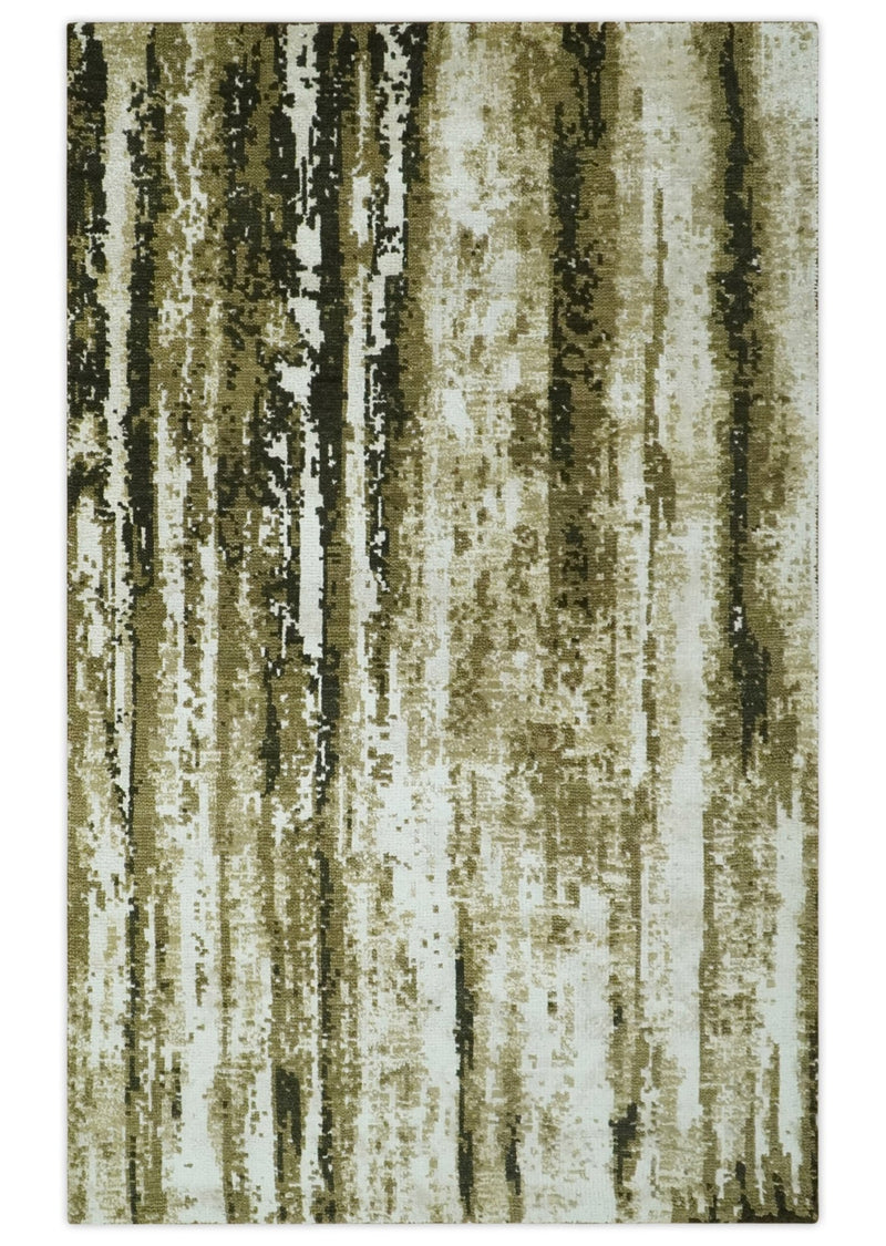 Modern Abstract Olive, ivory and Green Hand Knotted 5x8 wool and Art Silk Area Rug - The Rug Decor