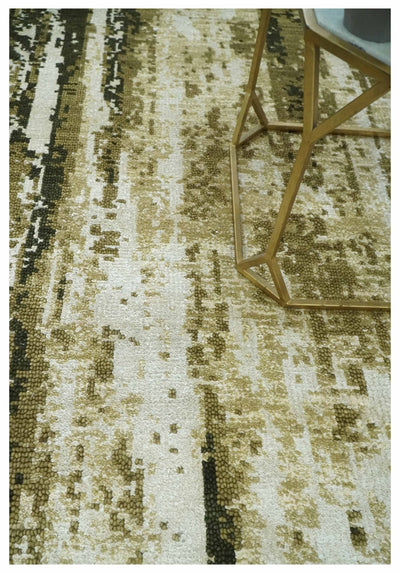 Modern Abstract Olive, ivory and Green Hand Knotted 5x8 wool and Art Silk Area Rug - The Rug Decor