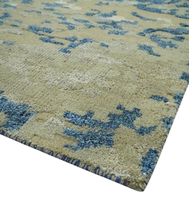 Modern abstract Olive, Ivory, Blue and Silver Hand Knotted 5.6x8 wool Area Rug - The Rug Decor