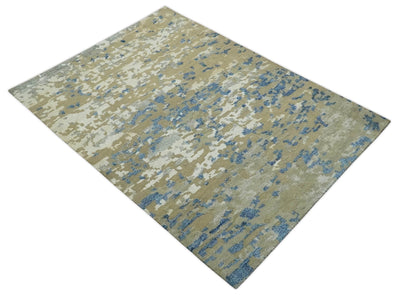 Modern abstract Olive, Ivory, Blue and Silver Hand Knotted 5.6x8 wool Area Rug - The Rug Decor