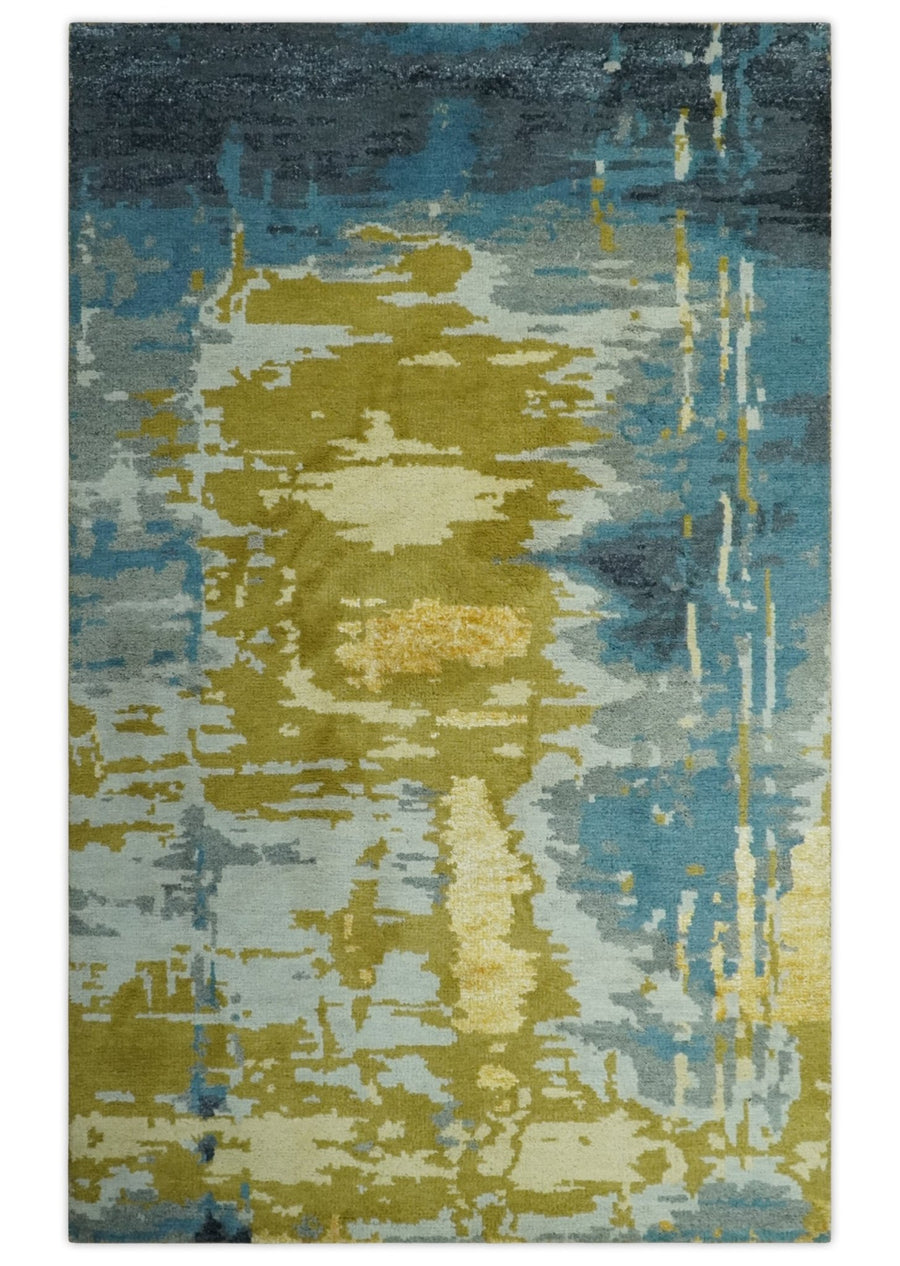 Modern Abstract Olive, Silver, Blue and Charcoal 5x8 Hand Knotted wool Area Rug - The Rug Decor