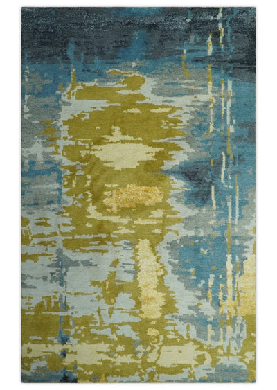 Modern Abstract Olive, Silver, Blue and Charcoal 5x8 Hand Knotted wool Area Rug - The Rug Decor