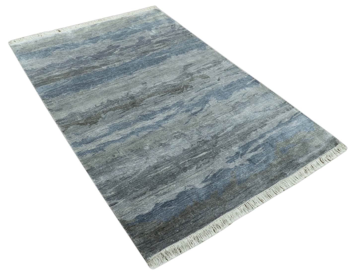 Modern Abstract Pattern Blue And Silver Hand Knotted 4x6 Bamboo Silk Area Rug - The Rug Decor