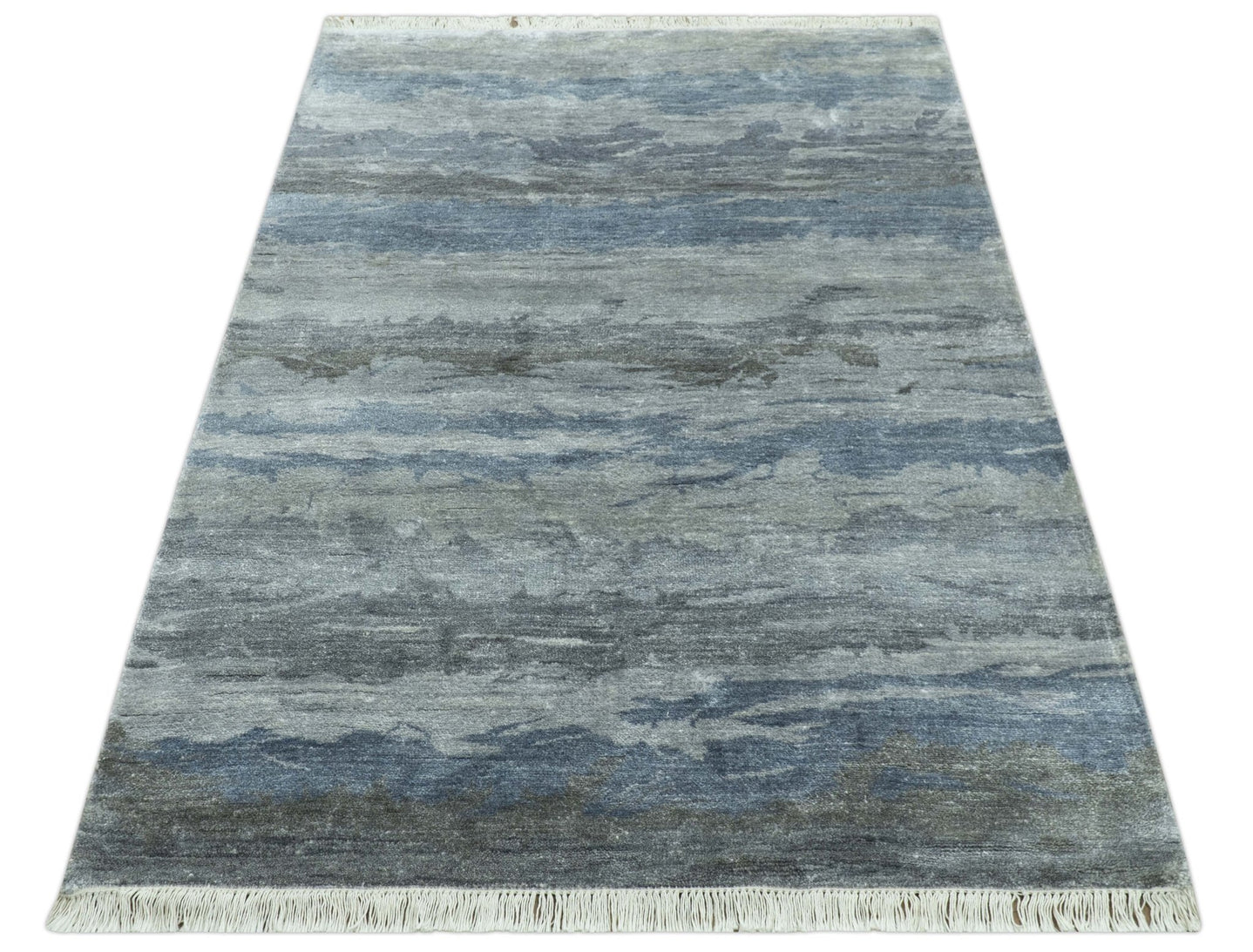 Modern Abstract Pattern Blue And Silver Hand Knotted 4x6 Bamboo Silk Area Rug - The Rug Decor