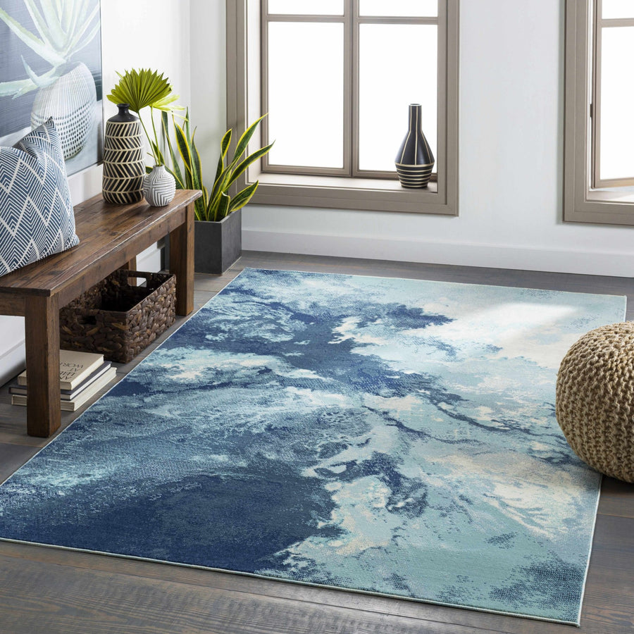 Modern Abstract Pattern Ivory And Blue Machine Woven Indoor/Outdoor Rug - The Rug Decor