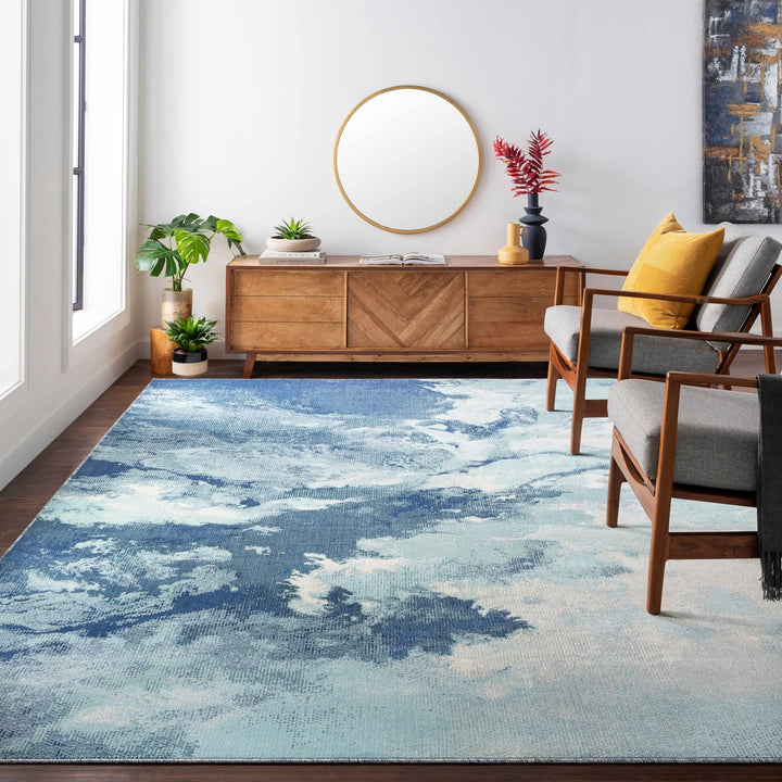 Modern Abstract Pattern Ivory And Blue Machine Woven Indoor/Outdoor Rug - The Rug Decor