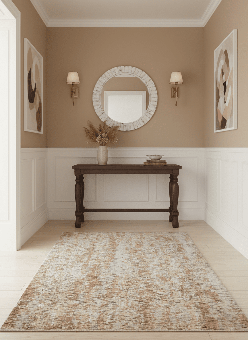 Modern Abstract Peach, Ivory, Gold and Charcoal Hand loom 5x8 Wool and Viscose Area Rug - The Rug Decor