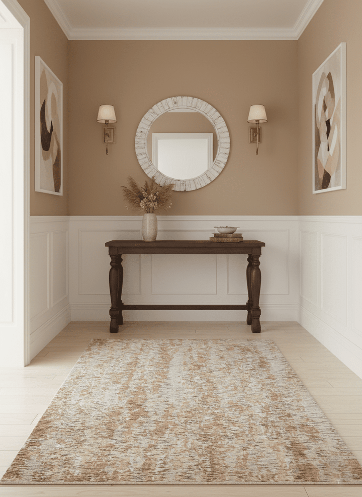 Modern Abstract Peach, Ivory, Gold and Charcoal Hand loom 5x8 Wool and Viscose Area Rug - The Rug Decor