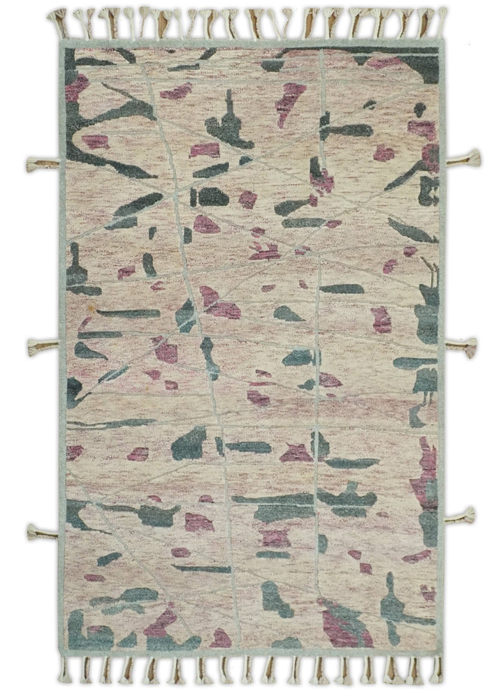 Modern Abstract Pink, Purple, Beige and Green Hand Knotted 5x8 wool Area Rug - The Rug Decor