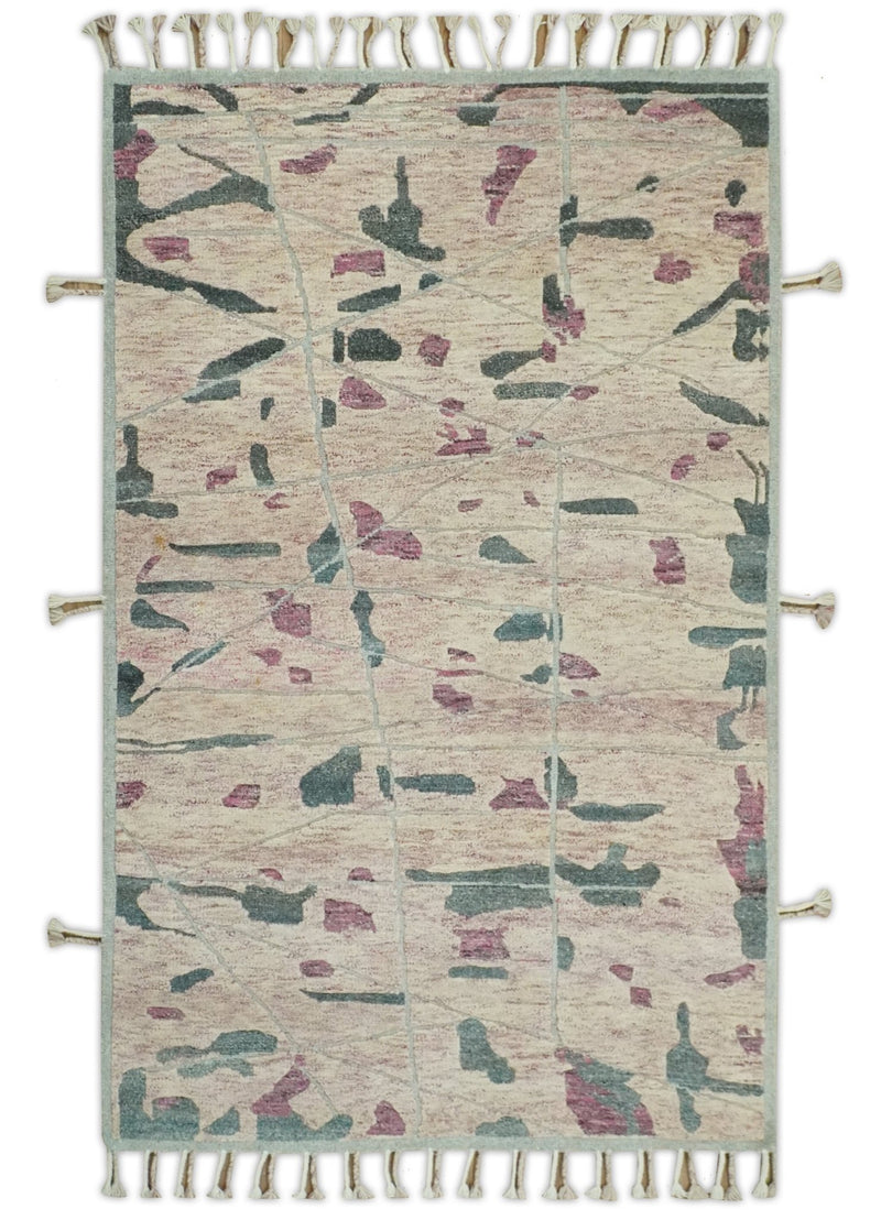 Modern Abstract Pink, Purple, Beige and Green Hand Knotted 5x8 wool Area Rug - The Rug Decor