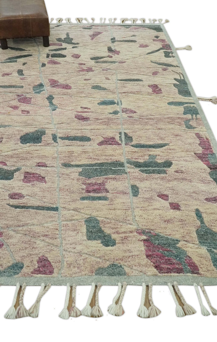Modern Abstract Pink, Purple, Beige and Green Hand Knotted 5x8 wool Area Rug - The Rug Decor