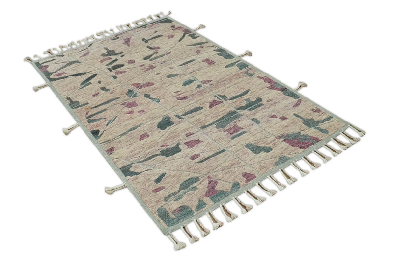 Modern Abstract Pink, Purple, Beige and Green Hand Knotted 5x8 wool Area Rug - The Rug Decor