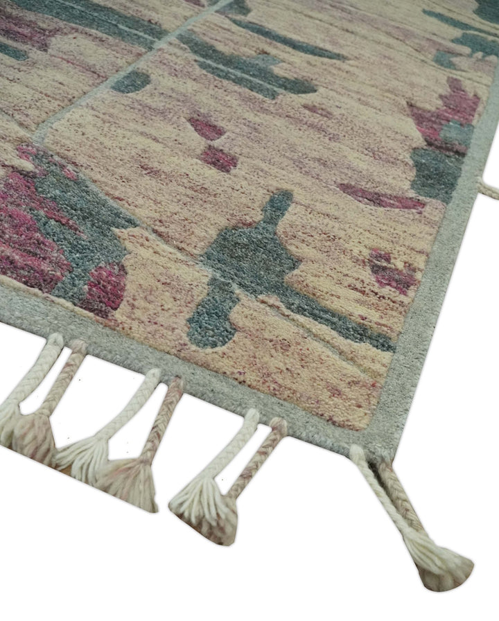 Modern Abstract Pink, Purple, Beige and Green Hand Knotted 5x8 wool Area Rug - The Rug Decor