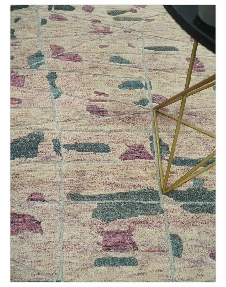 Modern Abstract Pink, Purple, Beige and Green Hand Knotted 5x8 wool Area Rug - The Rug Decor