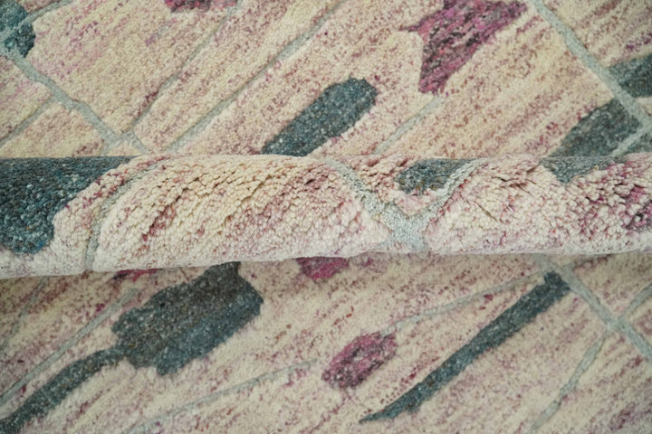 Modern Abstract Pink, Purple, Beige and Green Hand Knotted 5x8 wool Area Rug - The Rug Decor