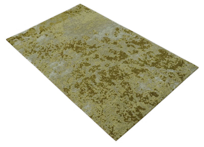 Modern Abstract Shades of Olive and Silver 5x8 Hand knotted wool and art silk area rug - The Rug Decor