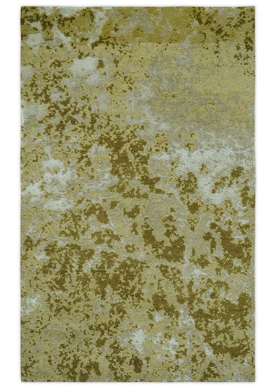 Modern Abstract Shades of Olive and Silver 5x8 Hand knotted wool and art silk area rug - The Rug Decor