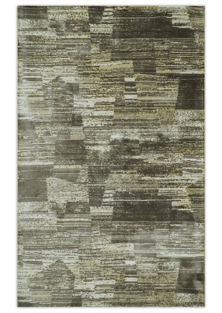 Modern Abstract Shades of olive and Silver 5x8 Viscose Area Rug - The Rug Decor